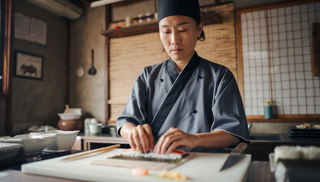 Female sushi chef in grey uniform skillfully rolling sushi on bamboo mat in traditional Japanese kitchen. - Powered by Adobe