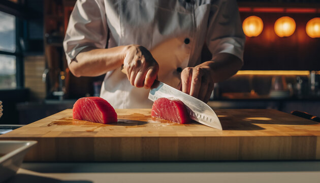 Chef slicing a glossy tuna fillet on a wooden board in a warmly lit sushi restaurant, preparing sashimi. - Powered by Adobe