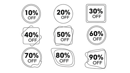 Obraz premium Various discount offer badges and labels displaying percentage sales promotions from ten to ninety percent
