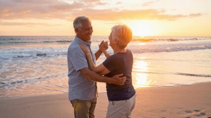 Happy senior couple romantically dancing together on the sandy shore, enjoying a beautiful ocean sunset during their retirement vacation, embracing and smiling in the golden sunlight