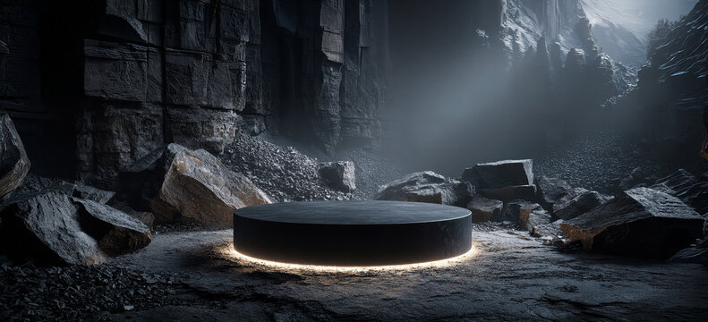 rock podium background stone black 3d gold coal product scene lava platform dark. abstract rock podium background water golden magma volcano luxury presentation smoke display stage crater mountain