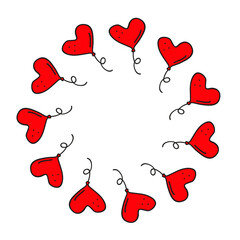 Cute round frame with doodle Valentine heart shaped helium balloons isolated on white background.