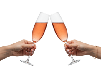 Elegant female hands, pale pink manicure, clinking crystal flutes of vibrant rosé champagne in a detailed close-up, high-key white studio background. Concept of luxury celebration