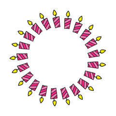 Cute round frame with doodle striped candles isolated on white background.