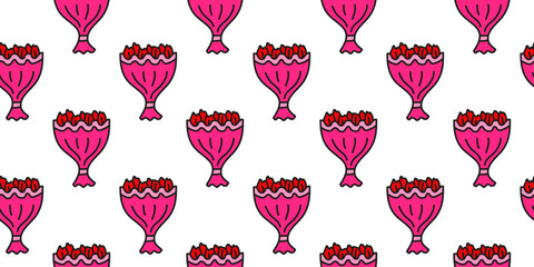 Cute seamless pattern with doodle flower bouquets with red tulips on white background.