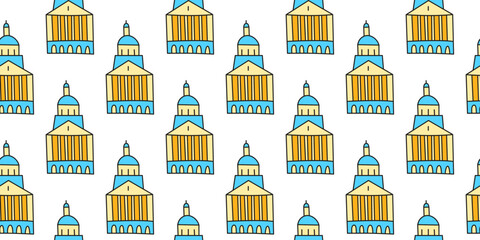 Cute seamless pattern with doodle cathedral buildings on white background.