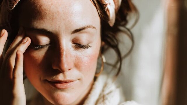 A woman with closed eyes touching her face in a soft light. Freckles and a subtle smile are visible