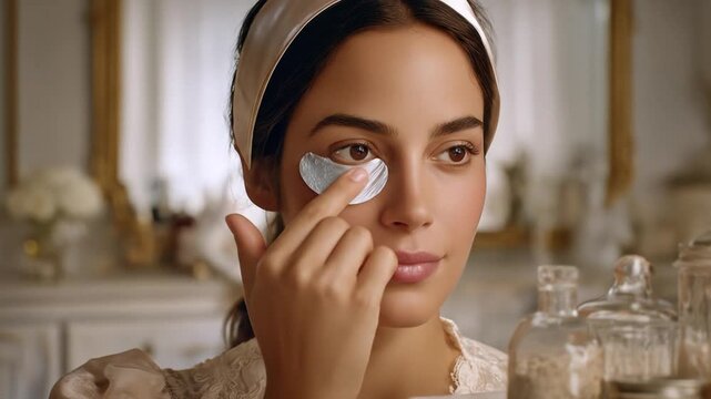 A woman in soft lighting, applies a beauty treatment under her eye, holding a silver patch