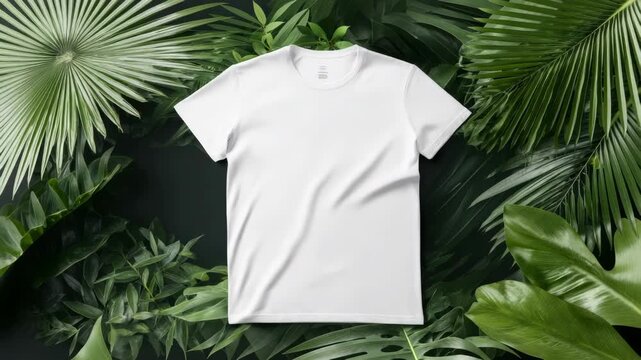 White blank t-shirt centered on a backdrop of tropical green leaves, realistic photo style, used for fashion or branding mockups