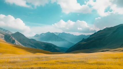 Video A serene scene of a green field against a backdrop of majestic mountains