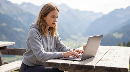 Concentrated young Swiss woman typing on her laptop on a sunny mountain terrace with a scenic alpine view in the background. Modern remote work and flexible workplace concept in nature.