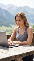 Concentrated young Swiss woman typing on her laptop on a sunny mountain terrace with a scenic alpine view in the background. Modern remote work and flexible workplace concept in nature.