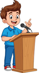 Cheerful young cartoon boy speaking confidently at a wooden podium with a microphone, gesturing with his hand, symbolizing public speaking, student presentation, and oratorical skills development.