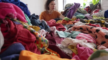 A sad woman among a pile of clothes. Excess Clothing. Fast Fashion and Overproduction - Powered by Adobe