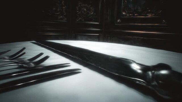 A dark setting showing a formal dining table with silverware and a large sword in the center