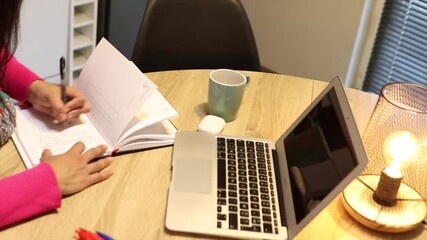 Young millennial woman at home desk writing in a planner while using a laptop to organize her schedule, tasks and business agenda for freelance or remote work