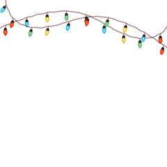 Fototapeta premium Decorative string of multi-colored incandescent colorful lights bulbs hanging in a wavy line. Vector Illustration.
