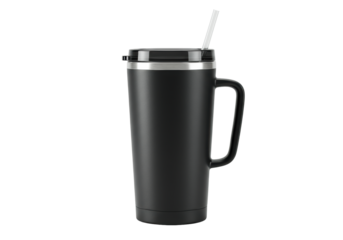 large matte black 40 oz insulated stainless steel tumbler with a textured handle and clear straw, focus stacked and isolated on a transparent high-key studio background, concept for premium