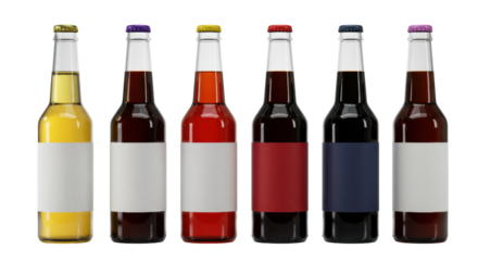 Seven distinct craft beer bottles (lager, ale, stout) with varied shapes and blank labels, aligned on a reflective white surface. Concept for beverage advertising