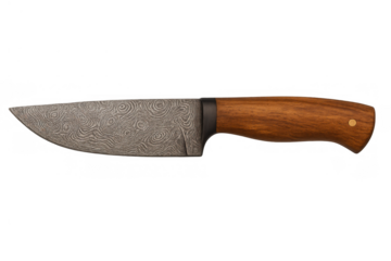 Handcrafted damascus steel knife with a patterned blade and a natural wood handle, isolated on transparent background
