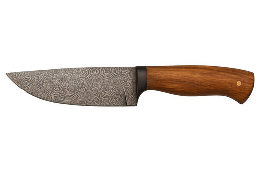 Handcrafted damascus steel knife with a patterned blade and a natural wood handle, isolated on transparent background
