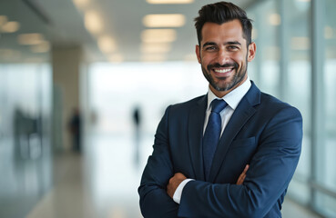Fototapeta premium Attractive latino businessman smiles confidently in a modern office setting. He wears a blue suit, white shirt and tie. The background is blurred showcasing corporate facilities.
