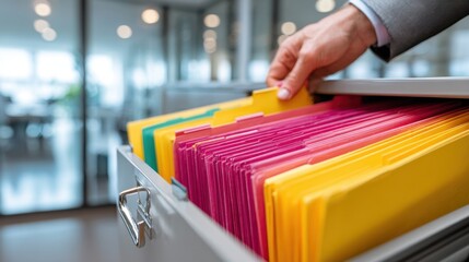 Organized office filing system with colorful folders in modern workspace