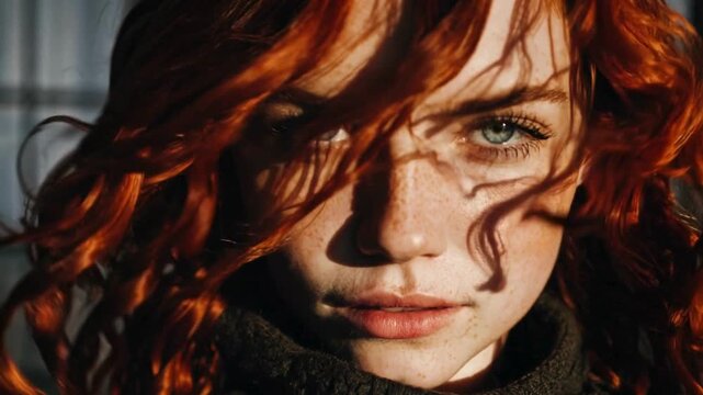 Close up portrait of red haired woman with flowing hair