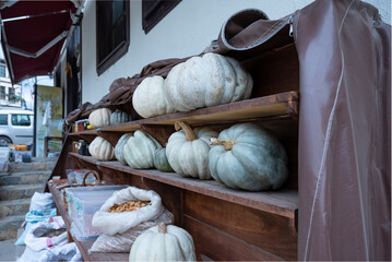 Pumpkins Displayed on Outdoor Shelves in a small town in Turkey