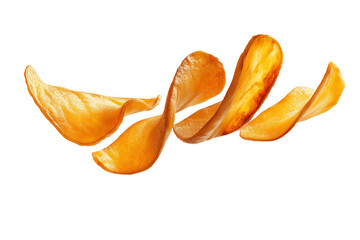 Flying crispy golden potato fries, isolated on a white or transparent PNG background. High-resolution food image ideal for fast food ads, menus, web banners and creative snack designs.