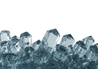 extreme macro close-up of thick, crystalline glass blocks with sharp facets, creating an icy, irregular structure across the bottom of a pure ultra-white background. Concept of sterile purity and