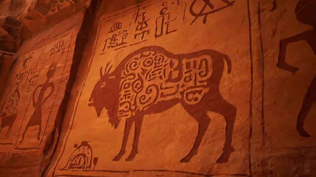 Ancient rock wall art of figures and animals, possibly depictions of daily life or rituals, in orange and brown hues