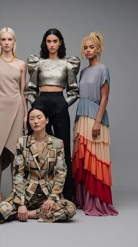 Fashion Forward Ensemble: A group of four fashion-forward models, showcasing a diverse array of attire. Embracing individuality, expressing a statement of confidence.
