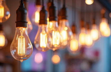 Edison filament bulbs glow warmly indoors. Decorative lamps hang in a stylish interior, providing ambient illumination. Vintage style lighting creates cozy atmosphere in room.