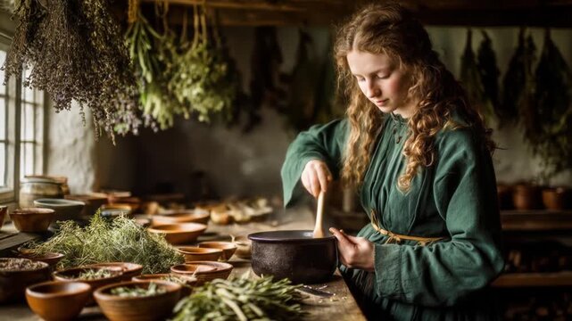 A young woman in a green dress stirring a pot in a rustic kitchen surrounded by herbs
