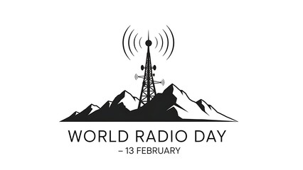 Vintage style illustration of a radio tower on mountains with world radio day text