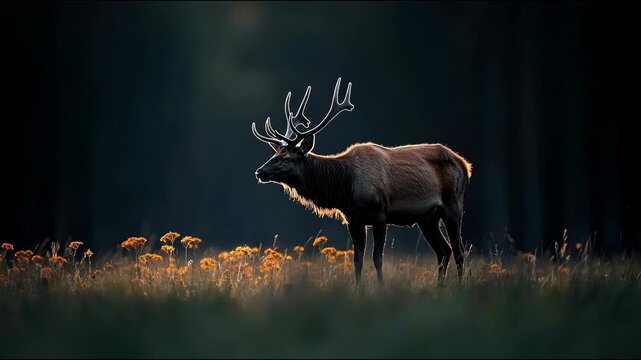 Majestic bull elk stands in a sunlit meadow, backlight creating a warm glow. Tall antlers silhouetted against a dark background