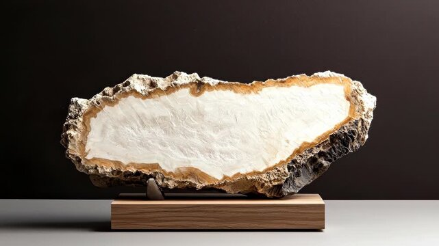 A cross-section of a geode rests on a wooden block, showcasing layered textures against a gradient backdrop