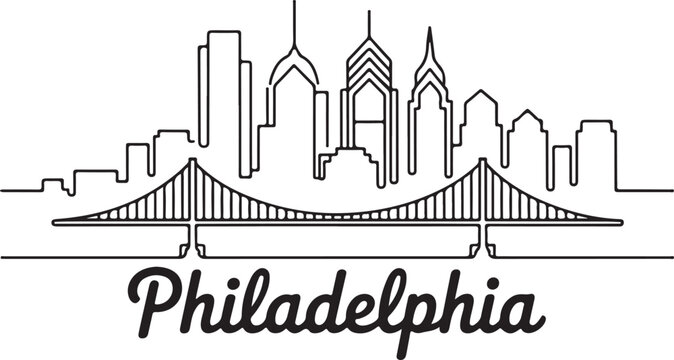Continuous Line Art of Philadelphia Skyline with Ben Franklin Bridge Minimal Outline Illustration