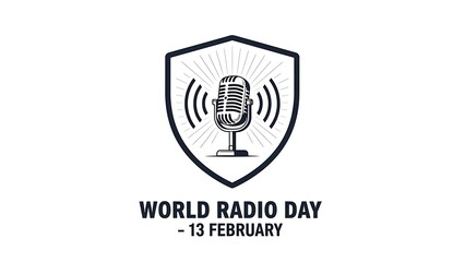 Naklejka premium Vintage microphone inside shield with world radio day text below illustration