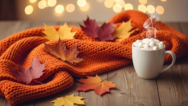 Elegant visual representation of autumn featuring cozy, hot chocolate, mug, marshmallows - Powered by Adobe