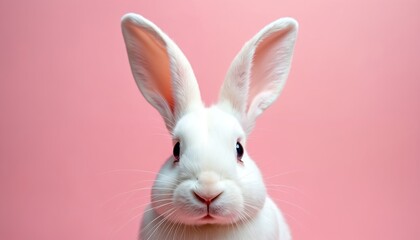 Obraz premium Cute white rabbit face with long ears peeks from above. Fluffy mammal against bright pink background suggests Easter or spring themes. Innocent pet looks directly at camera.