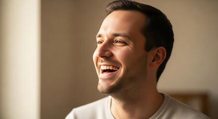 Obraz premium Man smiling brightly looking towards the light with a happy and positive attitude