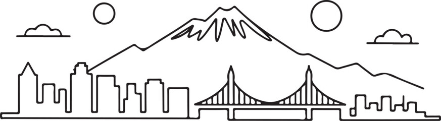 Continuous Line Art Portland Skyline with Mountain and Bridges in Minimal Contour Outline Style