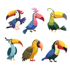 Obraz premium Funny tropical birds set of cliparts. Vector