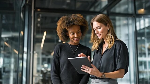 Two women review tablet in modern office, one smiling with afro, one pointing to the screen