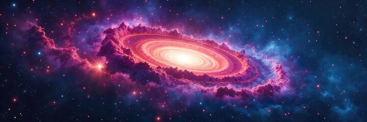 A breathtaking panoramic view of a swirling cosmic galaxy, filled with vibrant nebulae and distant stars Perfect for astronomy, science fiction, or space exploration projects , mystery, celestial
