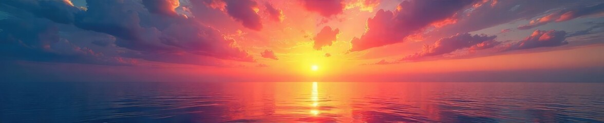 A breathtaking sunrise over a calm ocean, the sky ablaze with vibrant colors reflecting on the tranquil water  Perfect for travel, nature, and serenity themes ,  tranquil,  sunlight