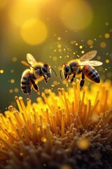 A breathtaking swarm of honeybees takes flight from a vibrant, sunlit hive, their wings blurring in motion Golden pollen dusts the air, creating a magical, ethereal scene , insects, blur