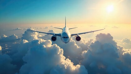 A breathtaking view of a plane soaring through a cloudless sky, sunlight illuminating its wings  Perfect for travel, aviation, and freedom themes , bright, plane